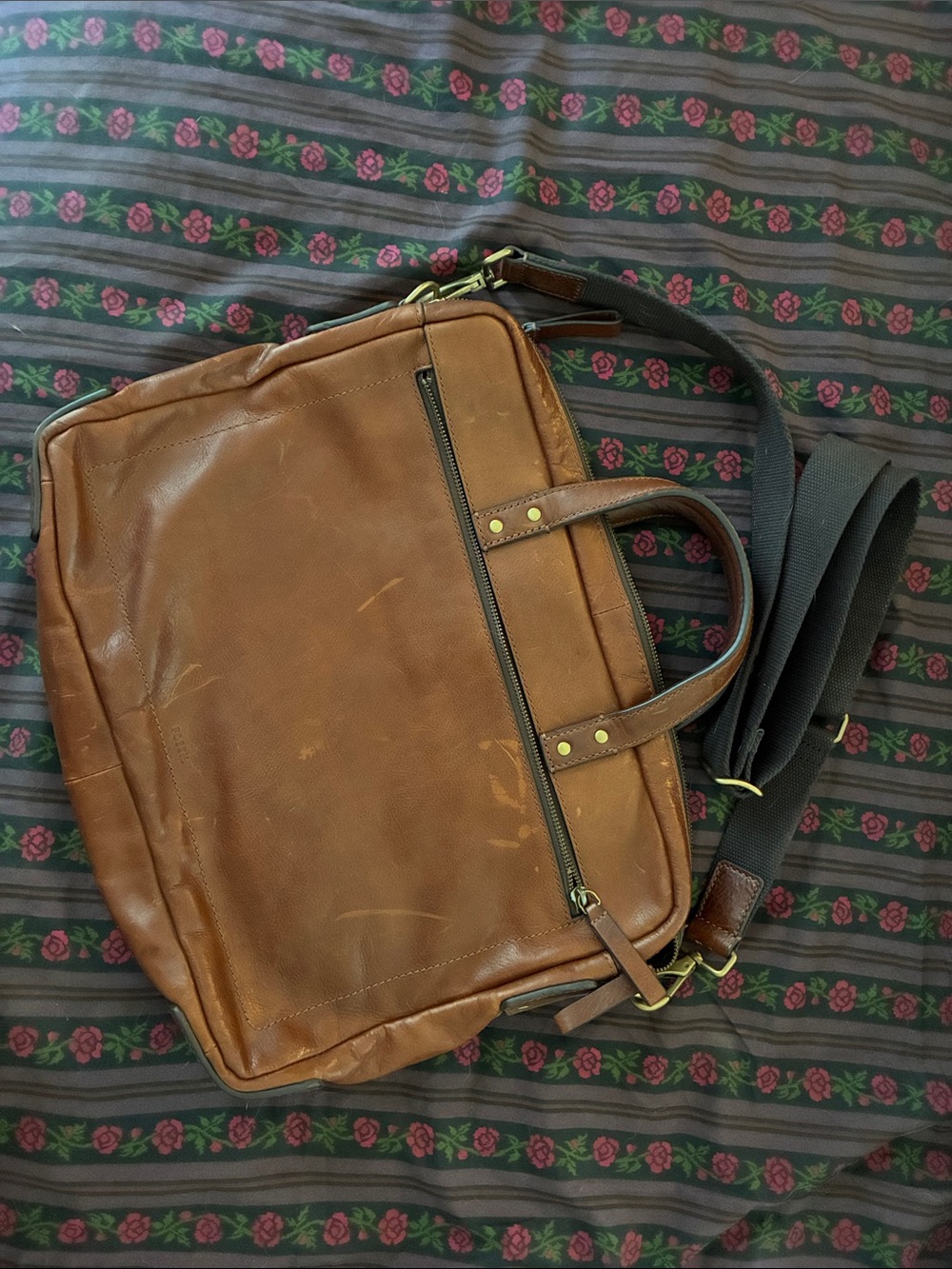 Fossil Brown Leather Laptop Messenger Bag with Black Strap